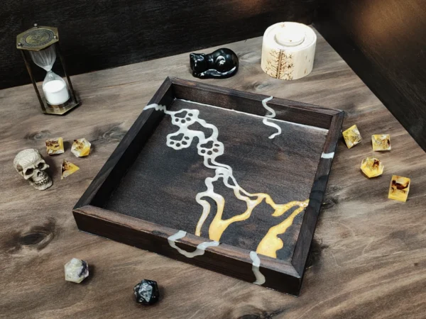 rolling-dice-tray-cat-silhouette-brown-gold-silver-2 Wooden Rolling Dice Tray with Cat Silhouette