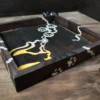 rolling-dice-tray-cat-silhouette-brown-gold-silver-3 Wooden Rolling Dice Tray with Cat Silhouette