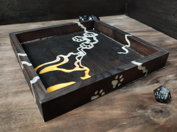 rolling-dice-tray-cat-silhouette-brown-gold-silver-3 Wooden Rolling Dice Tray with Cat Silhouette