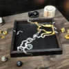 rolling-dice-tray-cat-silhouette-brown-gold-silver-4 Wooden Rolling Dice Tray with Cat Silhouette