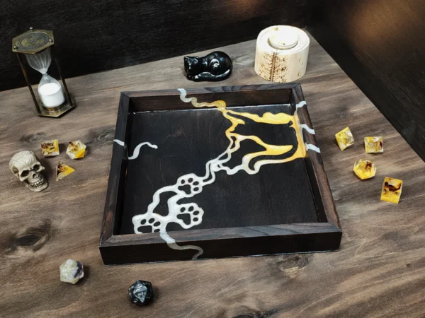 rolling-dice-tray-cat-silhouette-brown-gold-silver-4 Wooden Rolling Dice Tray with Cat Silhouette