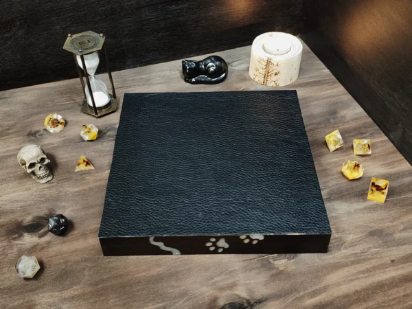 rolling-dice-tray-cat-silhouette-brown-gold-silver-6 Wooden Rolling Dice Tray with Cat Silhouette