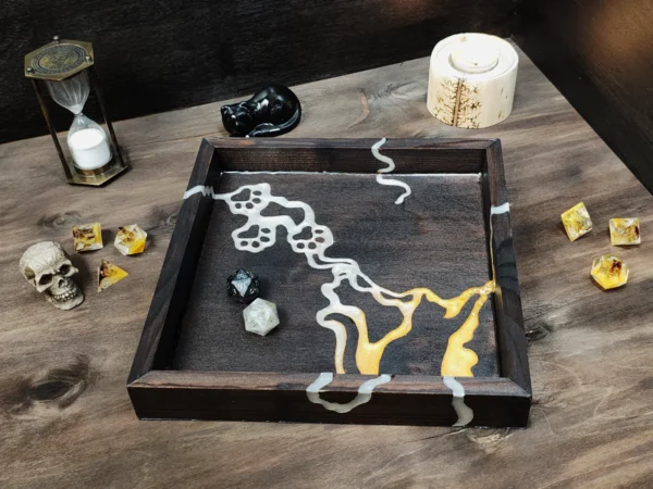 rolling-dice-tray-cat-silhouette-brown-gold-silver-7 Wooden Rolling Dice Tray with Cat Silhouette