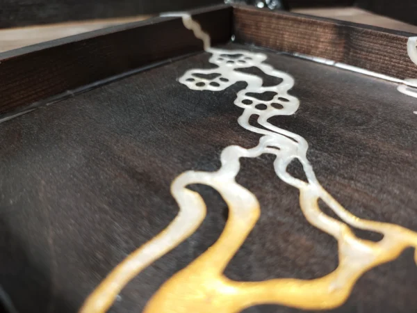 rolling-dice-tray-cat-silhouette-brown-gold-silver-9 Wooden Rolling Dice Tray with Cat Silhouette