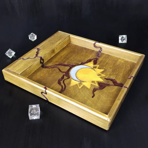 Wooden Dice Tray with Storage, Sun and Moon Celestial Motif