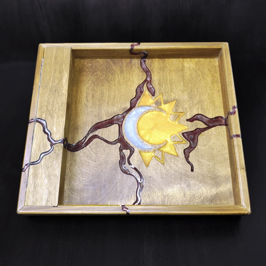 Wooden Dice Tray with Storage, Sun and Moon Celestial Motif