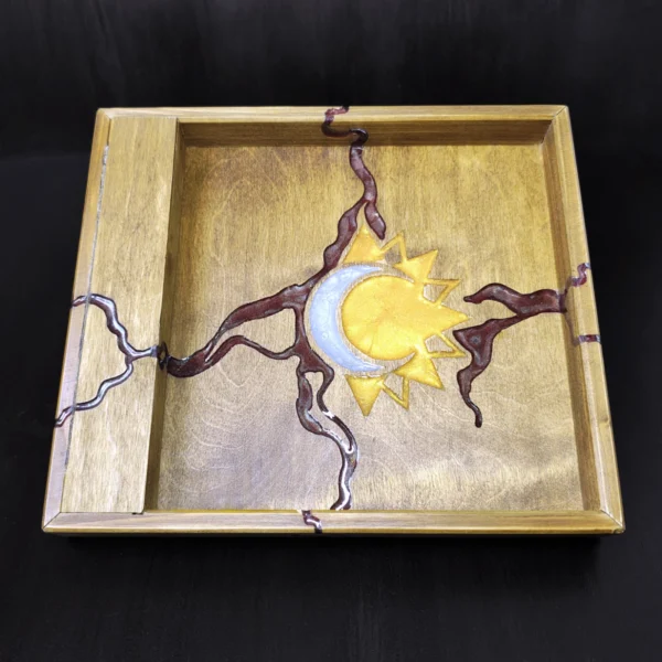 Wooden Dice Tray with Storage, Sun and Moon Celestial Motif