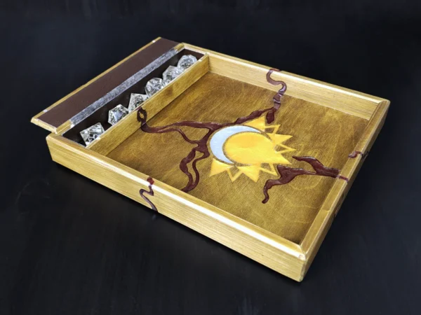 Wooden Dice Tray with Storage, Sun and Moon Celestial Motif