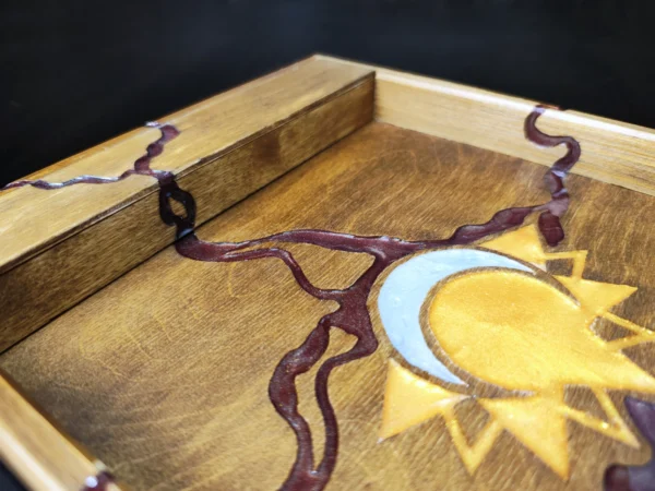 Wooden Dice Tray with Storage, Sun and Moon Celestial Motif