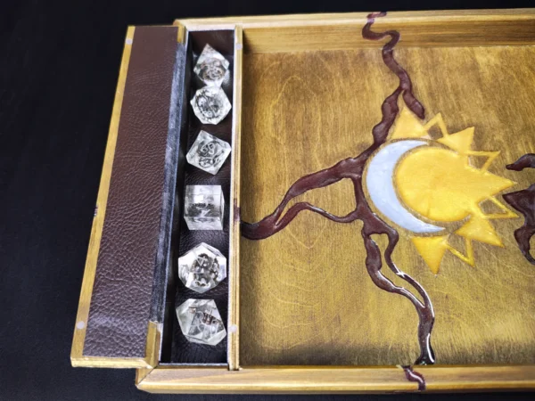 Wooden Dice Tray with Storage, Sun and Moon Celestial Motif