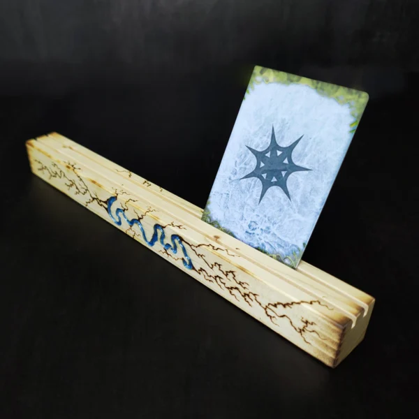 Card_Stand_Pine_Blue_Decor Playing Card Stands with Epoxy Inlays and Pyrography, Light Wood