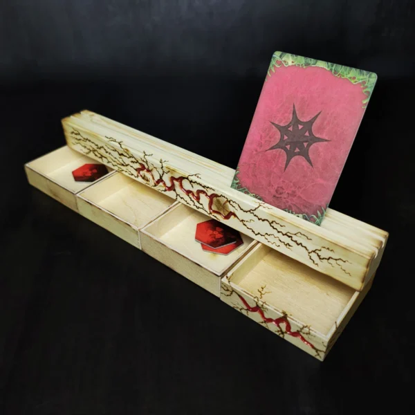 Card_Stand_Pine_Red_Decor_with_Token_Holders Square Wooden Token Holders - Decorated, Light Wood