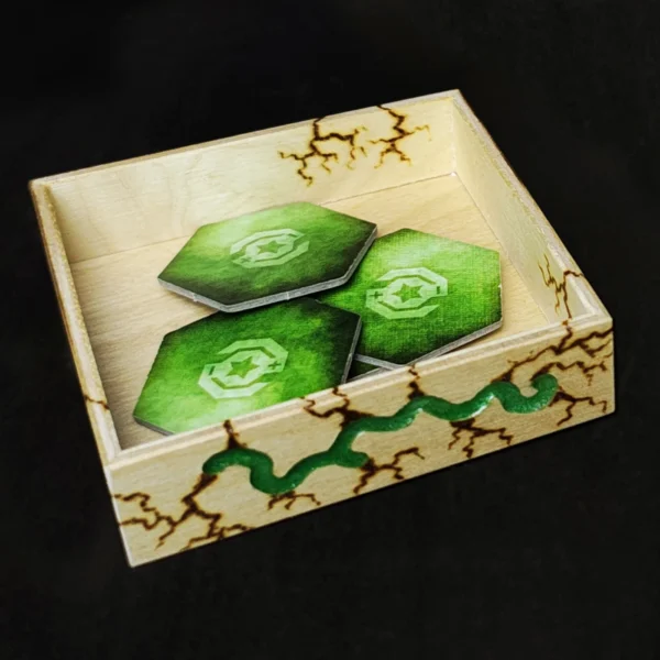 Token_Holder_Green_Closeup Square Wooden Token Holders - Decorated, Light Wood